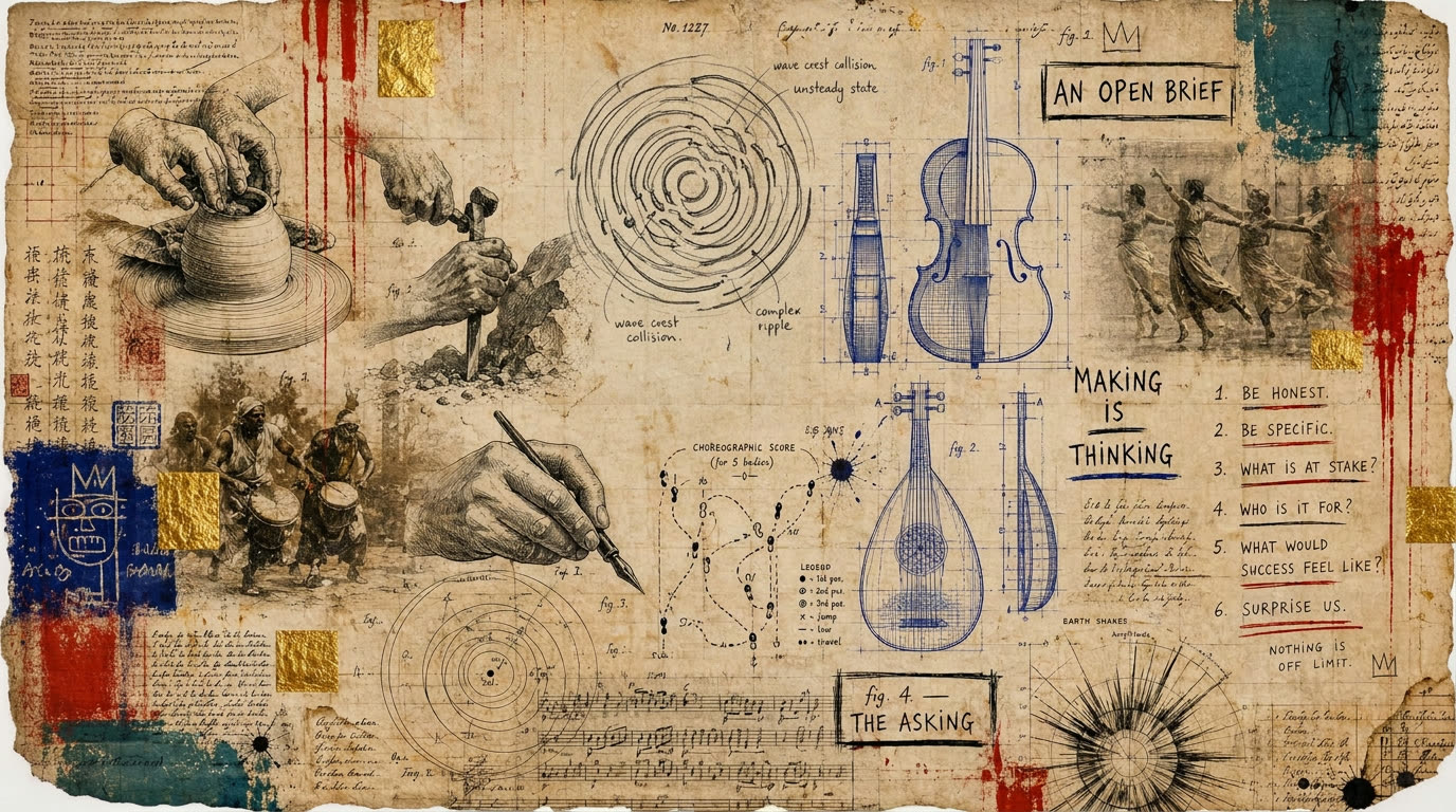 Layered manifesto montage of hands making things — pottery, carving, dip-pen drawing — with blueprint instruments, a pencil study of cystic ripple patterns in water, choreographic scores, notation staves and dense marginal script on aged paper.