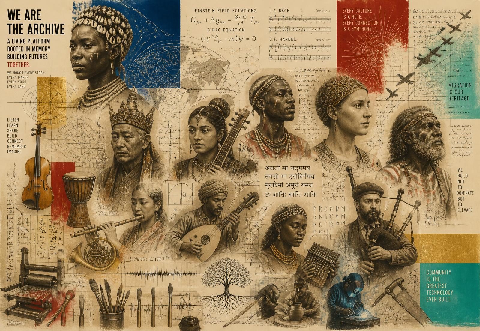 Hand-inked community montage: a crowd of faces from many cultures gathered across a ruled grid, overlaid with technical annotations, maps and musical notation.